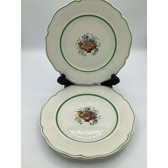 Antique Royal Doulton English Tazza Flowers Green Trim 8.5” Plates Set Of 3 - Picture 1 of 5